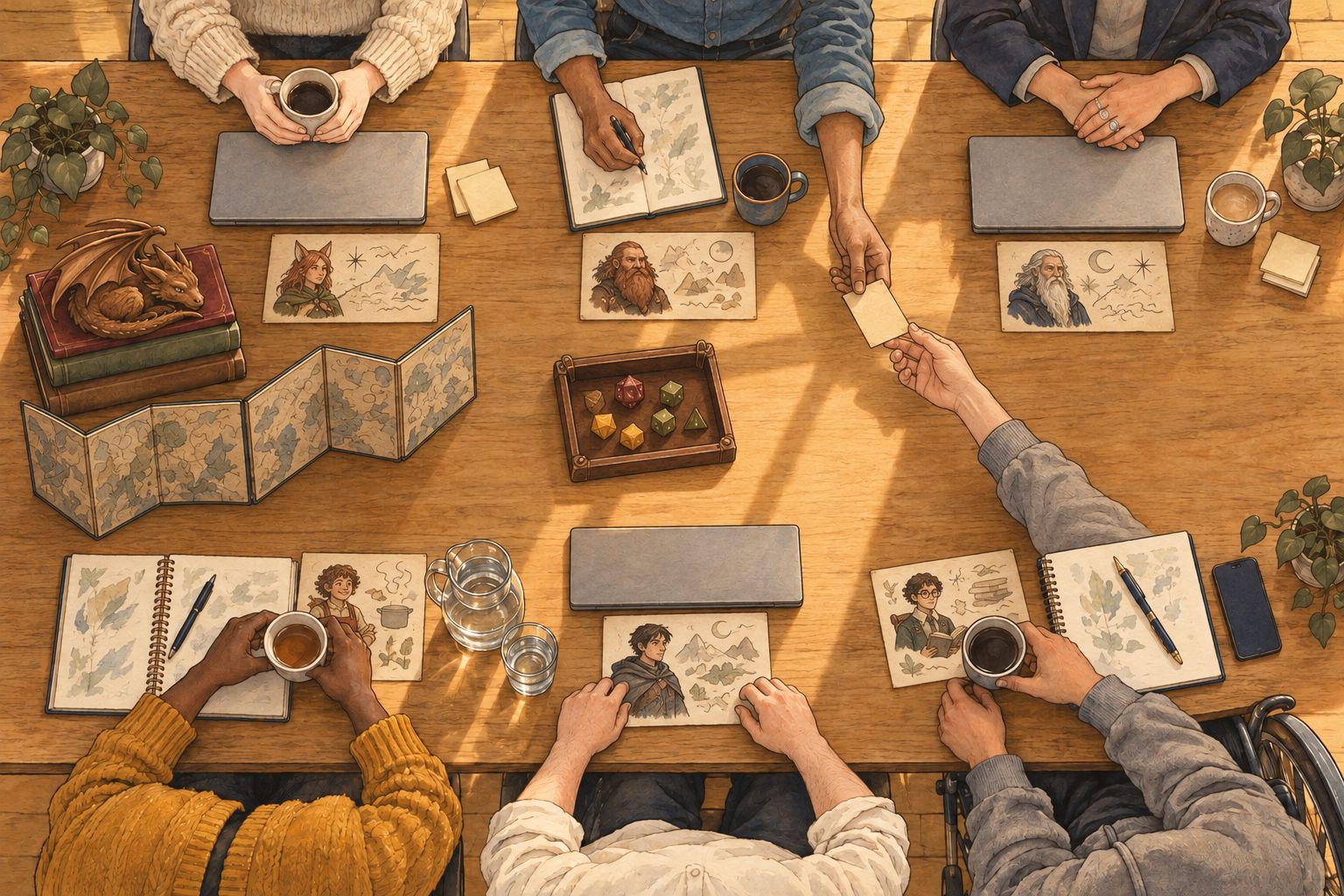 The same table during Session Zero: laptops closed, a character card at every place, one card being passed across, and a game master's folding screen standing open at the head of the table.