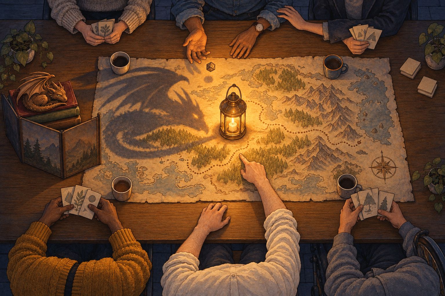 The same table in the dark, lit by one lantern. A hand-drawn map is spread across the laptops, hands point and roll dice, and the little dragon throws a huge dragon-shaped shadow across the map.