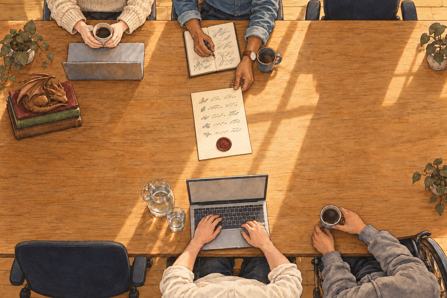 The same table back in daylight, a day or two later. A one-page report with an oxblood wax seal lies in the middle, and a hand reaches for it. The little dragon is still asleep on its books.