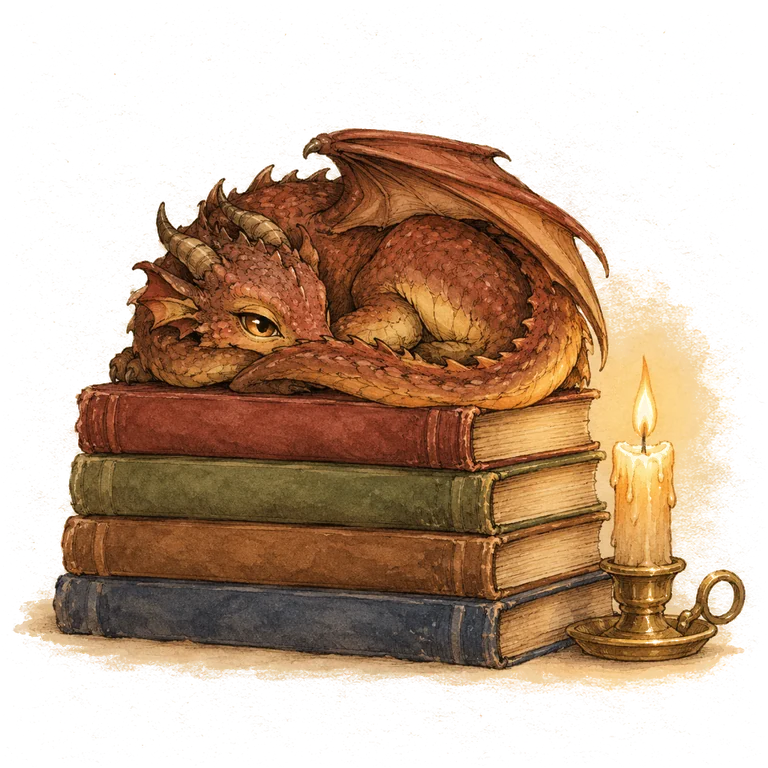 The Academy's house dragon: a small dragon curled asleep on a stack of old books beside a lit candle, one eye half open.