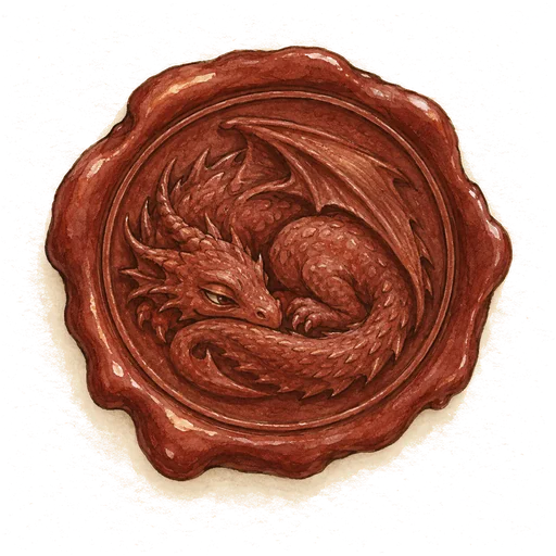 An oxblood wax seal pressed with a small sleeping dragon