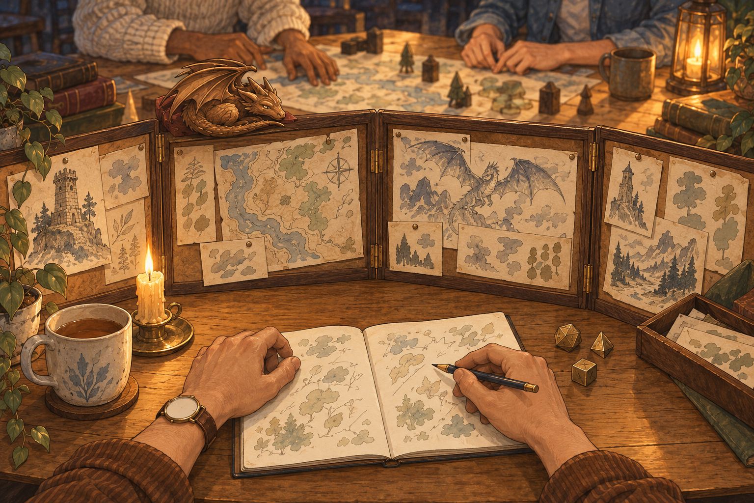 Ink-and-watercolour drawing from the game master's seat: an open folding screen covered in pinned notes and sketches, a notebook and pencil, dice, tea and a candle, with a small carved dragon asleep on top of the screen and players' hands on a map beyond it.