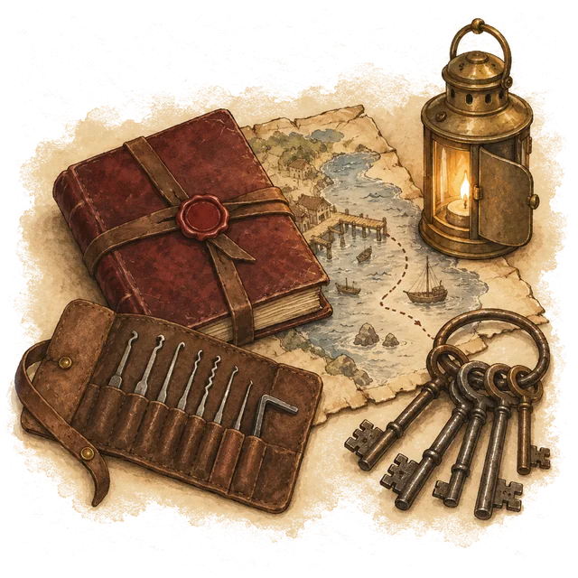 A ring of old keys, a roll of lock picks, a sealed ledger, a shuttered lantern and the corner of a harbour map.