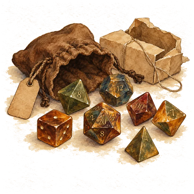 A set of seven coloured dice spilling from a small cloth pouch with a blank tag, beside an opened parcel.
