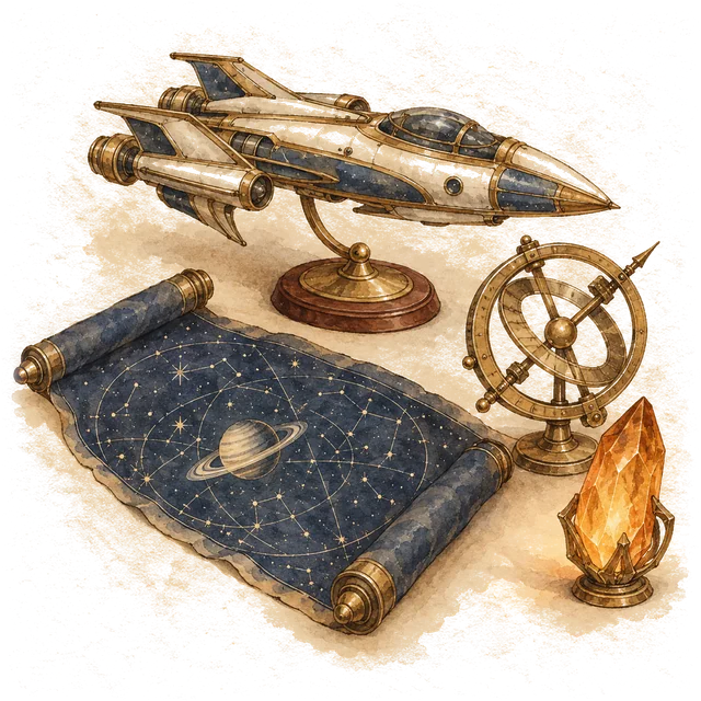 A brass model starship on a stand, a dusk-blue star chart with a ringed planet, a brass navigation instrument and a glowing crystal.
