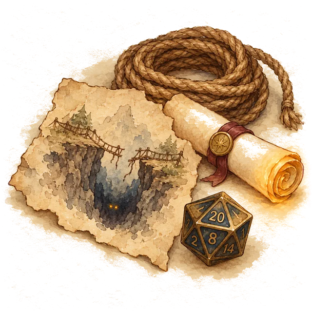 A snapped rope bridge over a chasm on the corner of a map, with two amber eyes peering up from the dark, beside a coil of rope, a glowing scroll and a twenty-sided die.