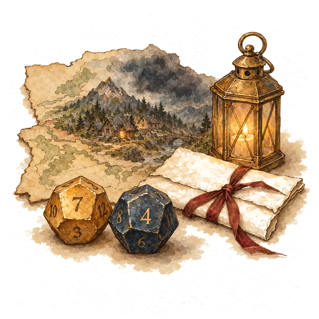 A gold and a dusk-blue twelve-sided die in front of a mountain village under a storm cloud, with a ribboned letter and a small lantern.