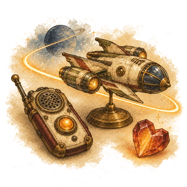 A brass model starship, a communicator with a glowing button and a heart-shaped crystal, with a streak of amber light curving past a ringed planet.