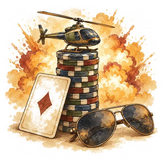 A toy helicopter on a tall stack of casino chips, a playing card and aviator sunglasses, in front of a soft cartoon explosion cloud.