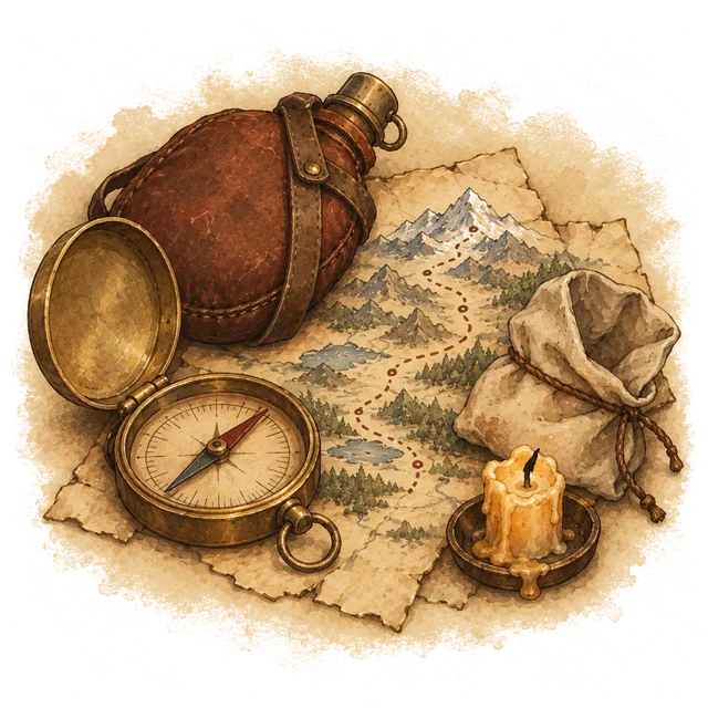 A brass compass, a leather water flask, a cloth supply sack and a candle stub on a map with a dotted route winding up through mountains to a snowy peak.